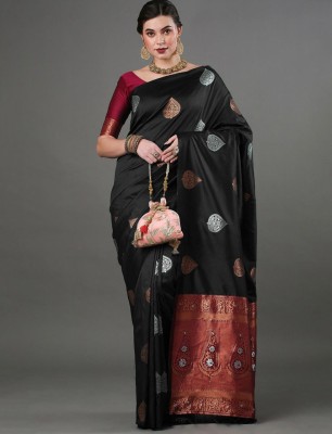 shopzoo trend Embellished, Woven, Self Design Banarasi Cotton Silk Saree(Black)