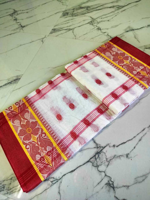 Dutta Self Design Tant Pure Cotton Saree(White)
