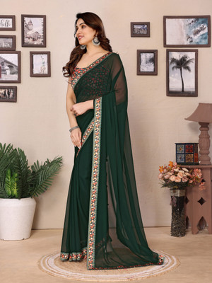 supremesarees Solid/Plain Banarasi Organza Saree(Green)