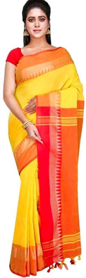 BiswasTextiles Self Design Handloom Cotton Blend Saree(Yellow)
