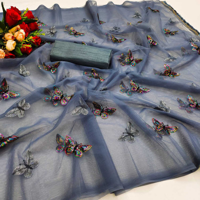 JAKSH FASHION Self Design Bollywood Net Saree(Grey)