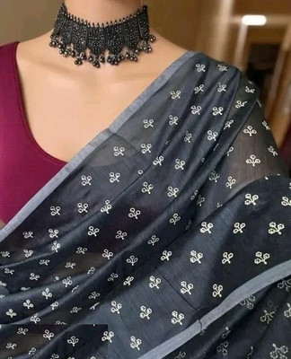 HouseOfCommon Hand Painted Handloom Chanderi Saree(Grey)