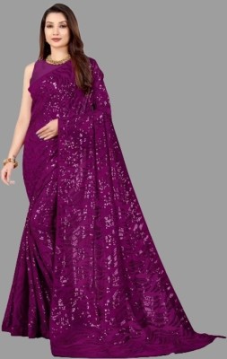 SHOBHTESH Striped, Digital Print, Embroidered Bollywood Georgette Saree(Magenta)