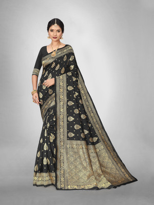 Kartvya Woven, Printed Kanjivaram Silk Blend Saree(Black)