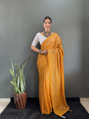 Julee Striped Bollywood Chiffon Saree(Yellow)
