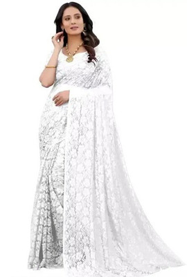 SwiftStyle Solid/Plain Daily Wear Net Saree(White)