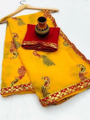 S.R.TEXTILES Printed Bandhani Georgette Saree(Yellow)