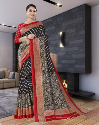 shree laxmi Floral Print Banarasi Cotton Silk Saree(Black)