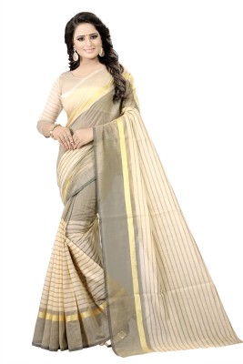 Suali Striped, Printed, Checkered, Self Design Mysore Cotton Silk Saree(Cream)
