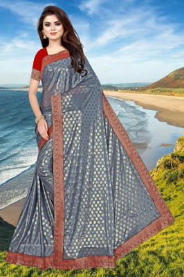 PMW Self Design Banarasi Pure Silk Saree(Grey, Red)
