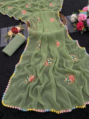 Pemal Designer Embroidered Bollywood Silk Blend Saree(Light Green)