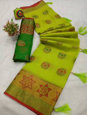 VAKHARIYAFAB Woven, Solid/Plain Kanjivaram Cotton Silk, Polyester Saree(Green)