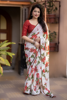 PeachPetals Floral Print Bollywood Georgette Saree(White)