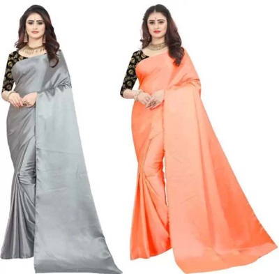 Aruna Sarees Solid/Plain Daily Wear Satin Saree(Pack of 2, Multicolor)