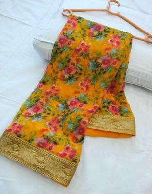 vani's studio Printed Kalamkari Georgette Saree(Yellow)