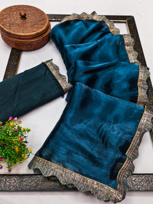 Kanooda Prints Solid/Plain Bollywood Jimmy choo Saree(Blue)