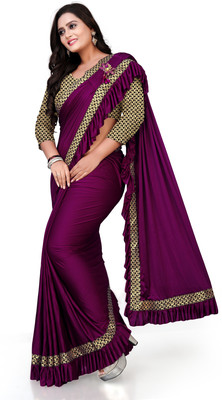 HouseOfCommon Solid/Plain Bollywood Lycra Blend Saree(Pack of 2, Purple)