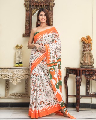 NIKHILAM Printed Ikkat Pure Cotton Saree(White, Orange)