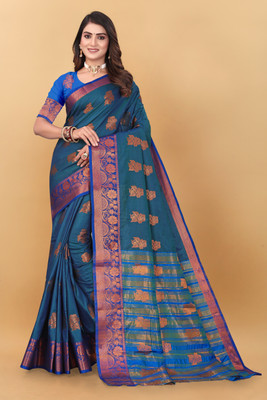 SHREE NATH CREATION Woven, Self Design Bollywood Cotton Silk, Silk Blend Saree(Dark Blue)