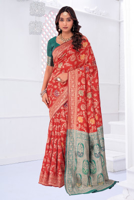 Suali Floral Print Banarasi Pure Silk Saree(Red)