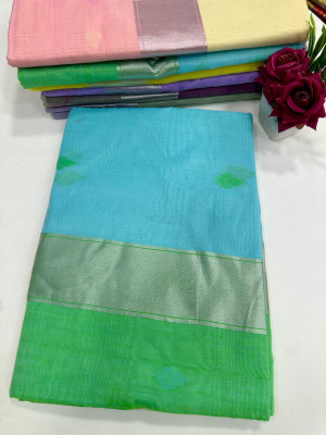 Julee Woven Chanderi Chanderi Saree(Light Blue, Green)