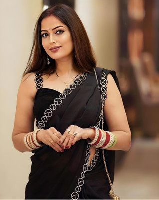 MGCollectionONE Solid/Plain Bollywood Georgette Saree(Black)