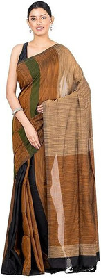 LushLooms Striped Handloom Cotton Blend Saree(Brown, Multicolor)