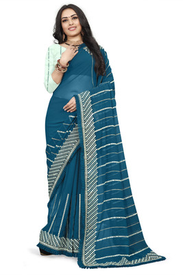 NANDKASHI Embroidered Bollywood Georgette Saree(Blue)