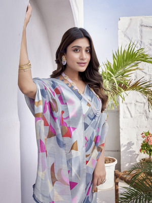 Gugaliya Printed Chanderi Cotton Linen, Chanderi Saree(Multicolor)