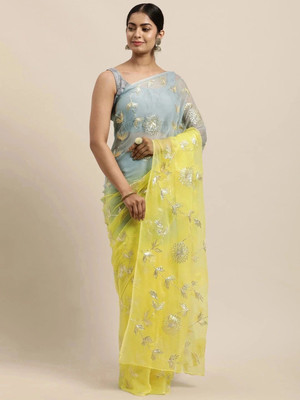 RAJESHWAR FASHION Embroidered Bollywood Organza Saree(Grey, Yellow)