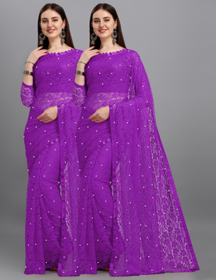 LOROFY Self Design Bollywood Net Saree(Pack of 2, Purple)
