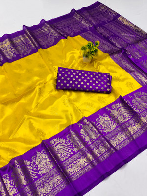 Kanooda Prints Printed, Woven Mysore Art Silk Saree(Yellow)