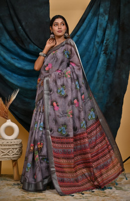 Divastri Digital Print Banarasi Cotton Linen Saree(Grey)