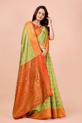 jayant creation Printed Banarasi Silk Blend, Jacquard Saree(Light Green, Red)