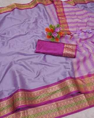 WOVEN STOCK Printed, Temple Border, Woven, Embellished, Solid/Plain Banarasi Art Silk, Cotton Silk Saree(Light Blue, Purple)