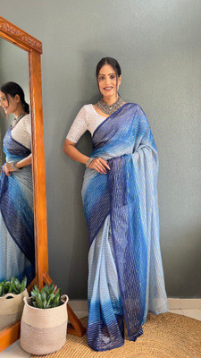 Julee Striped Bollywood Chiffon Saree(Light Blue)