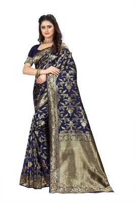 fFASHION Woven, Self Design, Solid/Plain, Embellished, Dyed, Floral Print, Temple Border Banarasi Silk Blend, Art Silk Saree(Blue)