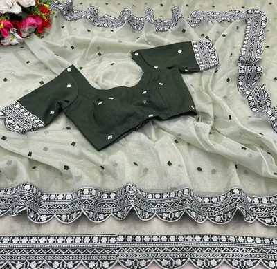 RamKrupa Creation Embroidered Bollywood Net Saree(Green)