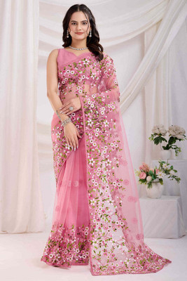 SATVASHIV Embroidered Bollywood Net Saree(Pink)