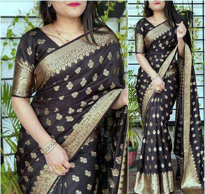 vansh fashion hub Woven Kanjivaram Jacquard, Pure Silk Saree(Black)