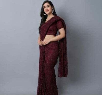 SwiftStyle Floral Print Daily Wear Net Saree(Maroon)