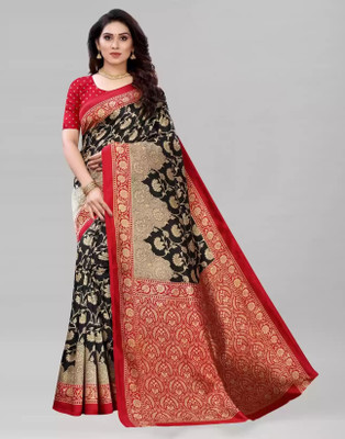 RUNAYA NX Floral Print Daily Wear Art Silk Saree(Black)
