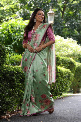 Tasrika Printed Banarasi Tussar Silk Saree(Light Green)