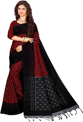 Quetzal Printed Sambalpuri Pure Cotton Saree(Red)