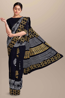 Jaipuri Print Printed, Blocked Printed, Color Block, Dyed, Floral Print Daily Wear Pure Cotton Saree(Black)