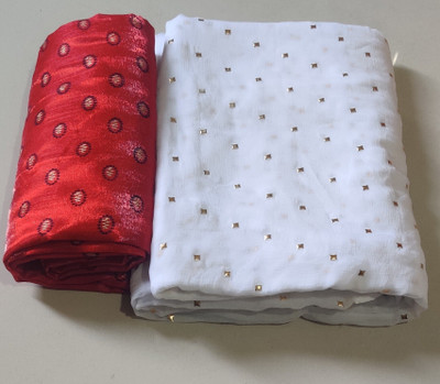 Desi Style Polka Print Daily Wear Net, Chiffon Saree(Pack of 2, White)