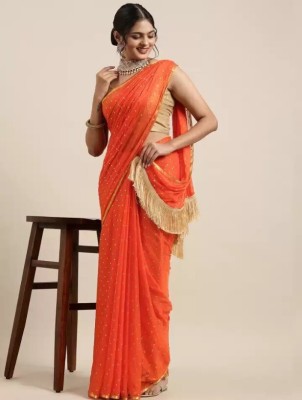 Desi Style Polka Print Bollywood Net, Chiffon Saree(Orange)