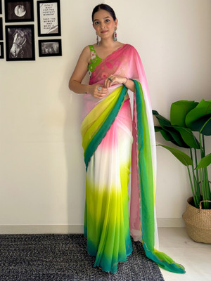 SICHYAH Solid/Plain, Ombre Bollywood Georgette Saree(Pink, Green)