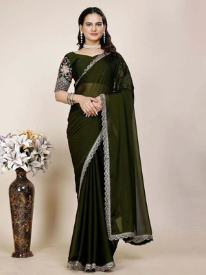 Bhojal Creation Embroidered, Solid/Plain Daily Wear Chiffon Saree(Green)