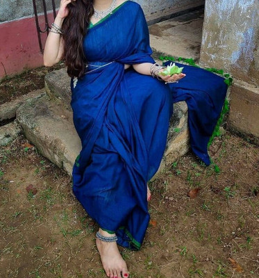 GHOS HANDLOOM Solid/Plain Handloom Cotton Blend Saree(Blue)